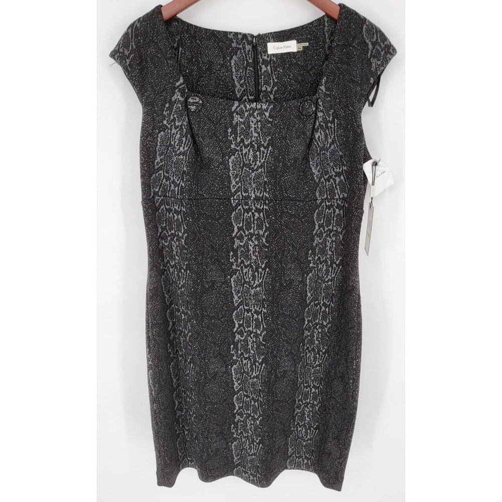 Calvin Klein Black Gray Reptile Print Sheath Dress New NWT Women's 14